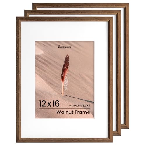Fun Memories 12x16インチ 写真フレーム オーク無垢材 モダンフォトフレーム 壁用 12x16インチ 8.5x11マット付き 高解像度プレキシガラス&壁掛けフック付き (ウォールナット、3パック)