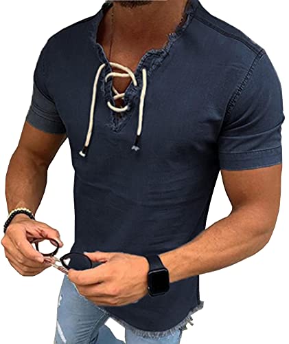T-shirt en jean avec ourlet brut effiloché et col en V vintage pour homme
