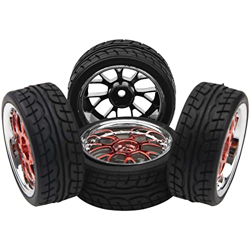 4Pack HIRCQOO 12mm Hex Plastic Wheel Rims & 2.59" Rubber Tires Set w/Foam Compatible with Traxxas Kyosho HPI Tamiya TT-01 TT-02 Sakura HSP 1/10 RC On-Road Touring Car (Red) by HIRCQOO - Image 3