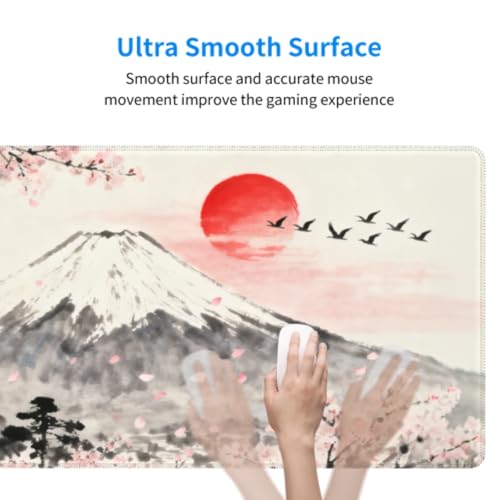 Image of Japanese Mouse Pad 31.5x11.8 XL Grey Pink Cherry Blossoms Mountain Watercolor Extended Large Mousepad Keyboard Mouse Mat Desk Pad with Non-Slip Rubber Base Stitched Edges for Home Office Game