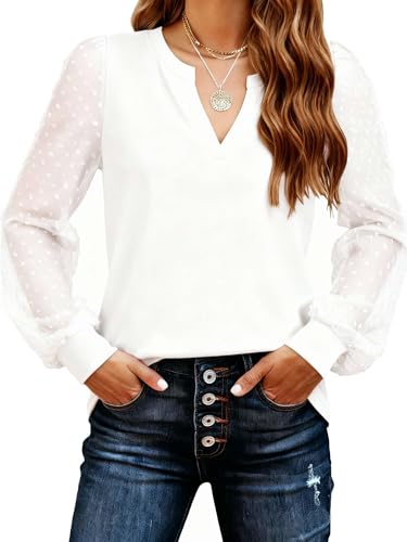 Pawate Spitzen Oberteile Damen Bluse elegant Langarm Shirts Herbst Tunika Tops (Weiß/L)