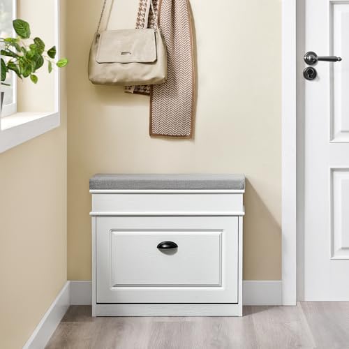 Miniatura 2 de Sobuy Zapatero Entrada Recibidor Con Cajón Banco Zapatero Con Asiento Y Almacenaje Compacto Puff Para Recibidor, Dormitorio O Salón, Efecto Madera Envejecida Blanca 61x24x54cm Fsr82-K-Wg