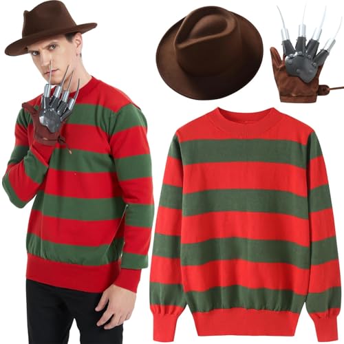 Mens Halloween Freddy Costume Explorer Hat With Glove Claw & Red/Green Jumper Unisex Halloween On Elm Street Fancy Dress Costume Outfit Full Set (M)