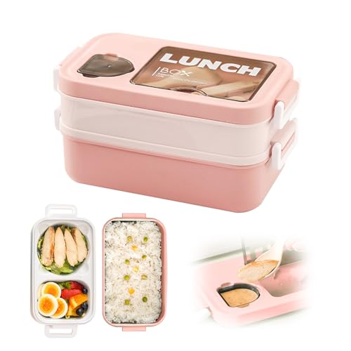 Lunch Box 2 Layers – Fiambrera Umami con tarros de salsa y utensilios – Bento Box calentable apta para microondas – Fiambrera hermética ideal para la oficina, la escuela y de viaje (Rosa)