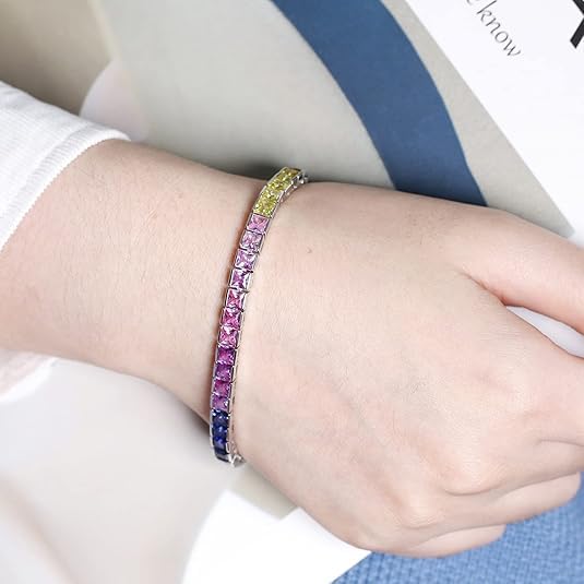 Rainbow Tennis Bracelet 4mm Lab Created Rainbow Sapphire Gemstone Tennis Bracelet,Sterling 925 Silver Iridescent Gemstone Bracelets for Woman Gift4