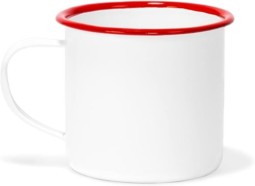 Miniatura 6 de Red Co. Juego de 6 tazas redondas de café y té de metal esmaltado de 12 onzas con asa, borde blanco y rojo sólido