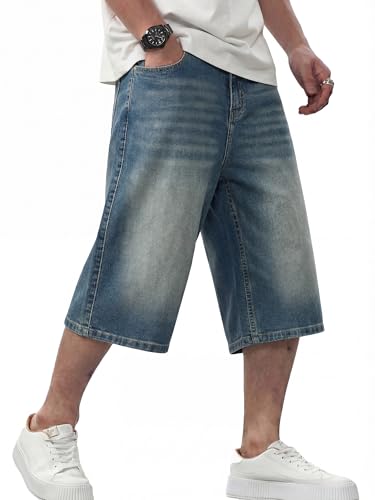 JMIERR Jeans Shorts Herren 3/4 Baggy Kurze Hosen Sommer Casual Weite Bermuda Kurze Jeans Herren Stretch Y2K Streetwear Denim Shorts Loose Fit Freizeithosen,Blau XXL