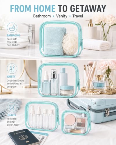 Image of Clear Makeup Bag Set,4 Sizes TSA Approved Travel Toiletry Bags,Waterproof PVC Clear Cosmetic Pouch with Zipper,Portable Transparent Organizer Bags for Travel Toiletries Accessorie (Blue, Pack of 4)