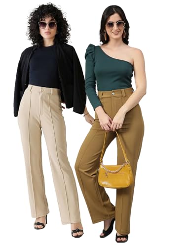 Image of KOTTY Women's Formal Wear Pant Combo Pack of 2 High Waist Straight Fit Office Wears Trousers For Women