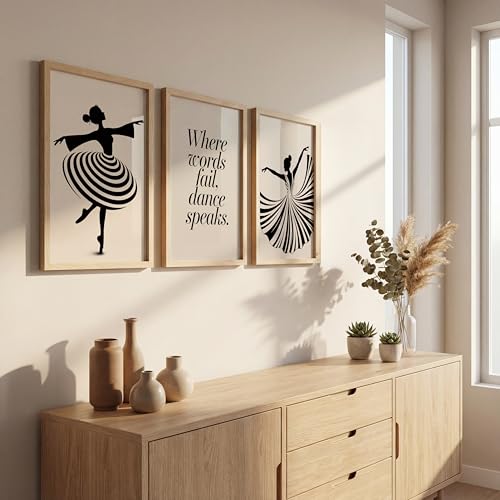 Image of NoWorries Minimalist Ballet Dancer Wall Art Framed Painting Set of 3 | Black & White Dance Silhouette Prints with Frame | inchWhere Words Fail, Dance Speaks inch Quote | Modern Aesthetic Ballet Decor Frames for Living Room, Bedroom and Studio, Framed Artwork Ready to Hang (Art-9, 10x13inch, Wooden)
