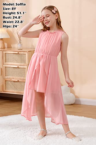 Gorlya Girls Sleeveless Ruffle Neck Hi-Lo Hem Overlay Formal Occasin Chiffon Long Party Dress 4-14T(Gor1154,10Y,Pink) #TOP4