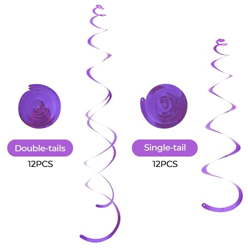 Image of 24 PCS Purple Hanging Swirl, Sparkle Ceiling Hanging Decorations, Plastic Streamer Party Decorations with Double-Swirls and Single-Swirls for Birthday Decorations,Halloween, Wedding, Graduation