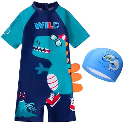 AIWUHE Toddler Boys Swimsuits One Piece Rash Guard Swimwear Zipper Bathing Suit UPF50+ with Hat Dinosaur Sunsuit Set Blue 3XL 6-7Y Cover