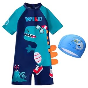 AIWUHE Toddler Boys Swimsuits One Piece Rash Guard Swimwear Zipper Bathing Suit UPF50+ with Hat Dinosaur Swimsuit Set
