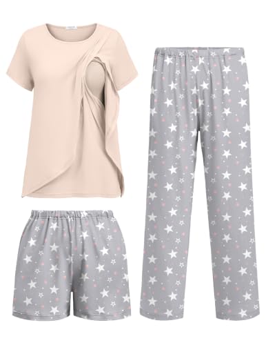Image of Ekouaer 3 PCS Maternity Nursing Pajamas Set Postpartum Breastfeeding PJS | 3-Piece Set, Including Short Sleeve Shirts, Pregnancy Shorts & Pants, Buttery Soft, Skin-Friendly Feel