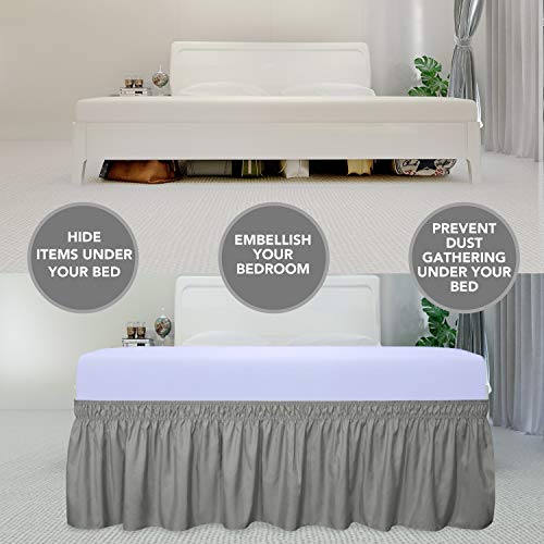 PureFit Wrap Around Ruffled Bed Skirt with Adjustable Elastic Belt - 22 Inch Drop Easy to Put On, Wrinkle Free Bedskirt Dust Ruffles, Bed Frame Cover for Twin,Twin XL and Full Size Beds, Gray