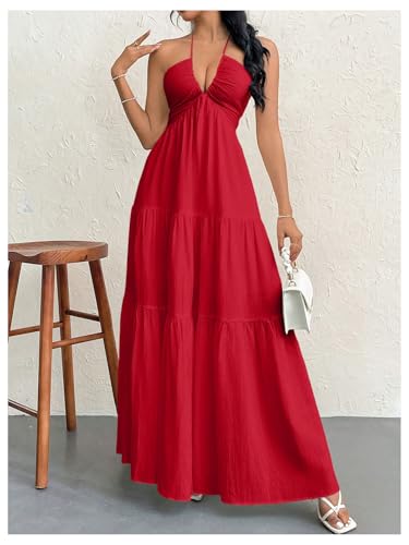 Image of SHENHE Women's Deep V Neck Tie Knot Backless Halter Dress A Line Flowy Ruffle Maxi Dress