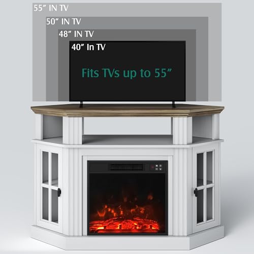 Image of YESHOMY Corner Fireplace TV Stand for Television up to 55 inch with Storage Cabinets, Entertainment Center, Media Console for Living Room, Bedroom, White&Rustic