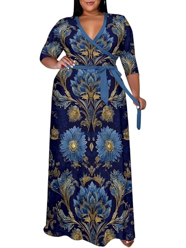 Image of SUZONANA Plus Size Maxi Dresses for Curcy Women Casual Loose 3 /4 Sleeve Long Dress with Belt
