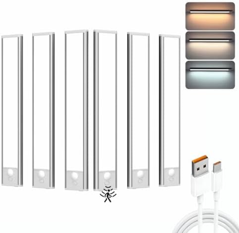 BLE Lighting Under Cabinet Light, 6 Pack Magnetic Motion Sensor Light Indoor, USB Rechargeable Battery Operated LED Closet Lights,3 Color dimmable Wireless Under Counter Lights for Kitchen, Stairs