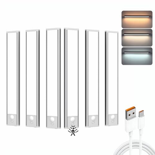 BLE Lighting Under Cabinet Light, 6 Pack Magnetic Motion Sensor Light Indoor, USB Rechargeable Battery Operated LED Closet Lights,3 Color dimmable Wireless Under Counter Lights for Kitchen, Stairs