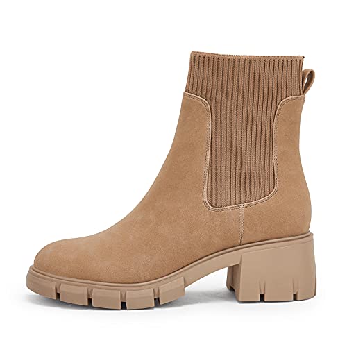 Image of Ruanyu Womens Platform Ankle Boots Elastic Chunky Block Heel Chelsea Booties Lug Sole Non-Slip Combat Shoes