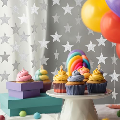 Image of Spakon 65 Feet Glitter Star Paper Garland Banner Hanging Decoration Star Streamers Double Side 2026 Graduation Decorations for Wedding Birthday Festival New Year Party Decoration (Glitter Silver)