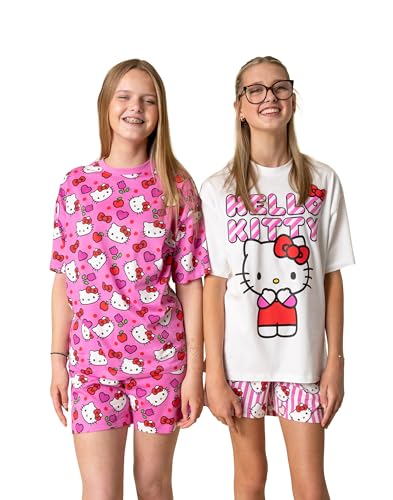 Hello Kitty Kitty Girls Rosa Kurzarm-Pyjama-Set mit kurzen Beinen | Mehrpack mit 2 Nachtwäsche im Herz- und Schleifen-Design | Cartoon-Bedruckte Loungewear für Kinder Merch 78 Jahre