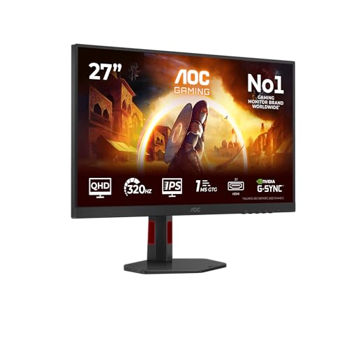 AOC Q27G4SRU 27 Zoll WQHD USB Hub Gaming Monitor 320Hz Fast IPS Panel 1ms GtG HDR400 G-Sync Compatible Höhenverstellung Lautsprecher (2560x1440 HDMI 2X 2.1 DP 1x 1.4) Schwarz