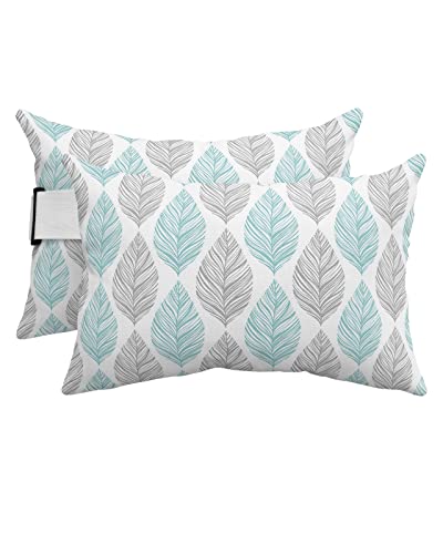 Anzona Pack of 2 Teal and Grey Leaf Texture Lumbar Pillow Covers, Outdoor Waterproof Throw Pillow Covers Set, Turquoise Abstract Art Leaves Decorative Cushion Case for Patio Beach, 12x20 Inch