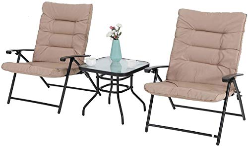 Phi Villa - Juego de 3 sillas plegables, acolchadas y regulables para jardín, con mesa plegable, 150 kg, para interior y exterior, marrón claro
