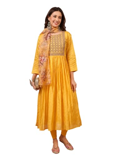 Image of Women's Chanderi Kurta with Legging and Dupatta | Modern & Traditional Blend Ethnic Wear Set | Festive & Casual Summer Kurti with Pants for Party Office & Ethnic Occasions