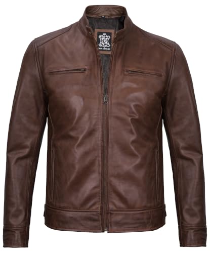 Image of fjackets Mens Leather Jacket - Real Lambskin Cafe Racer Jacket Stand Collar Moto Biker Zip Jacket For Men