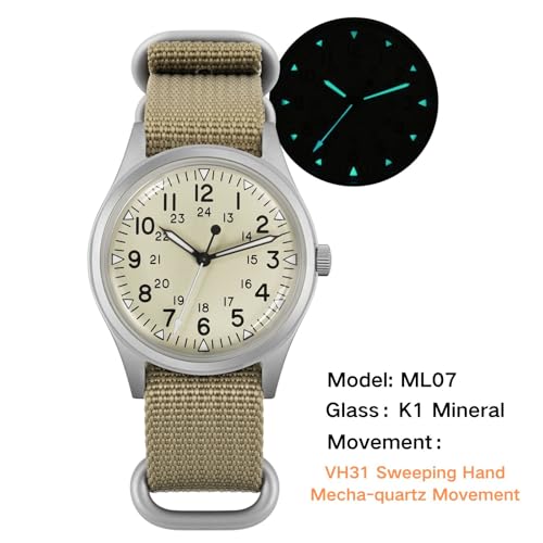 Image of Militado ML05 38mm VH31 Quartz Watch - Domed Sapphire Crystal Field Watch C3 Super Luminous Retro Sweep Wrist Watch for Men 100M Waterproof