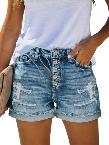 Magritta Womens Jeans Fashion Denim Zipper Fly Folded Hem Ripped Shorts Light Blue XL