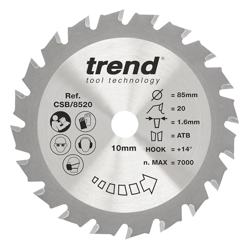 Trend CSB/8520 - Hoja de sierra circular para madera, diámetro de 85 mm, orificio de 10 mm, 20 dientes, TCT, corte de 1,6 mm, gancho de +14°,
