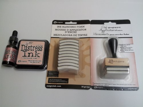 Ranger Tim Holtz Distress Rubber Stamp Ink Pad with Re-inker refill ink bottle Tattered Rose & Inkssentials Ink Blending tool with 10 ink blending tool foam refills replacement Bundle