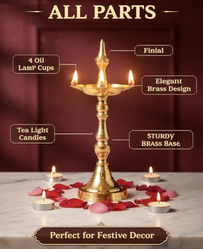Image of Diwali Puja Oil Gold Diya for Pooja | Traditional Diya for Home Temple Decor, Diwali Gift, (15 Inch)