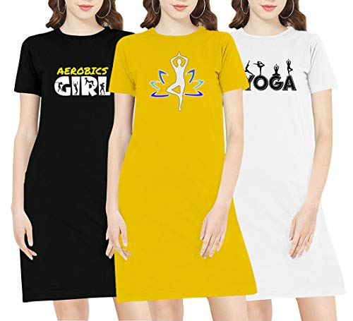 Image of Women's Regular Fit Knee Length Yoga Combo Cotton Graphic Printed Round Neck Pack of 3 with Yellow Yoga T Shirt
