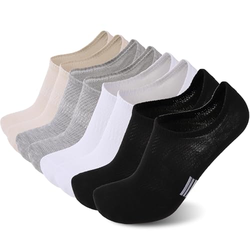 Sunew 8 Pairs Low Cut No Show Socks for Men, Invisible Casual Ankle Socks with Non-Slip Heel, Moisture-Wicking Black White Light Grey Beige Large