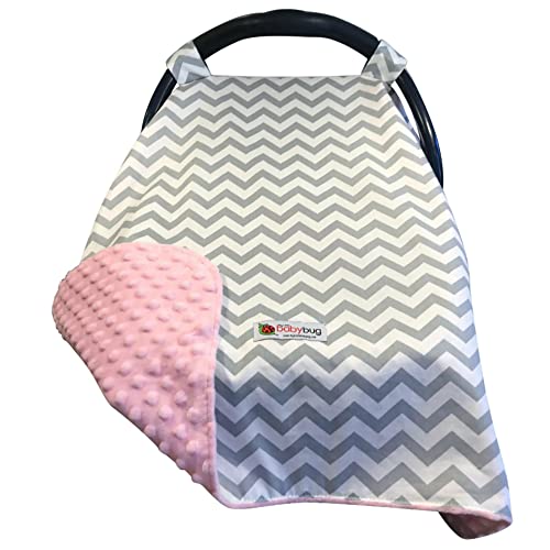 Image of Baby Carseat Canopy Cover - Breathable Infant Car Seat Cover Helps Protect Babies - Our Baby Car Seat Covers Also Double as a Nursing Cover, High Chair Cover & Playmat - Gray Chevron with Pink Minky