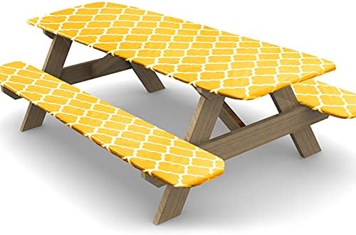 Ruisita 3 Pieces 72 Inches Plastic Picnic Table and Bench Fitted Tablecloth Cover Garden Bench Tablecloth Long Chair Covers Set for Picnics Indoor and Outdoor Dining, Yellow