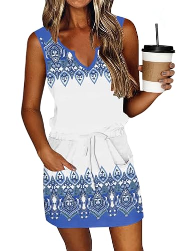 Image of SAUKOLE Womens Sleeveless T Shirt Dresses Casual Cute Floral Print Short Dress Summer Fashion Front Pockets