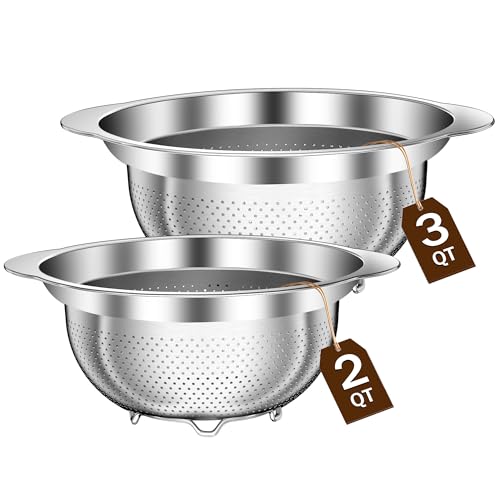Image of Stainless Steel Strainers for Kitchen, Stainless Steel Colander, Kitchen Strainer for Pasta Fruit Veggie Hot Food, 2 Pack Strainers and Colanders(2QT & 3QT), Dishwasher Safe, Silver