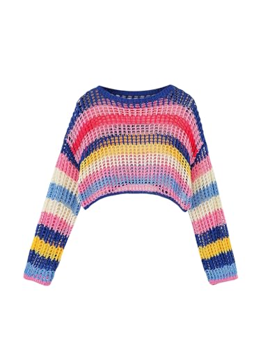 Floerns Girl's Striped Print Long Sleeve Pullover Hollow Out Crochet Cropped Sweaters