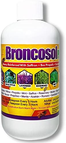 Natural Honey Cough Syrup Broncosol Plus - For Cough, Cold, Sore Throat, Mucus, & Allergy Relief (Reinforced With Bee Propolis, Saffron, Mint, & Eucalyptus) 12 Oz