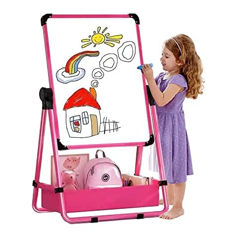Kids Art Easel Double-Sided Foldable Drawing Board 29.5inch-44inch Height Adjustable Standing Easel 360° Rotatable Whiteboard Chalkboard with Magnetic Letters Numbers for Boys Girls Toddlers Cover
