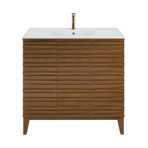 Image of Swiss Madison Cascade 36 inch Brown Oak Bath Vanity with White Ceramic Sink Top