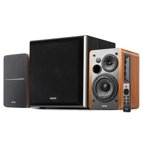 Image of Edifier R1280DBs Active Bluetooth Bookshelf Speakers with T5 8-Inch Powered Subwoofer Bundle - 2.0 Wireless Studio Monitor Speaker Set with Optical Input – Wood Grain