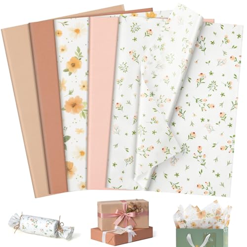 120 Sheets Floral Tissue Paper for Gift Bags, Flower Pattern Paper for Gift Wrapping, Decorative Craft Paper for Packaging, Baby Shower, Birthday, Wedding Party Decor, 14 x 20 Inch (Pink and Brown)